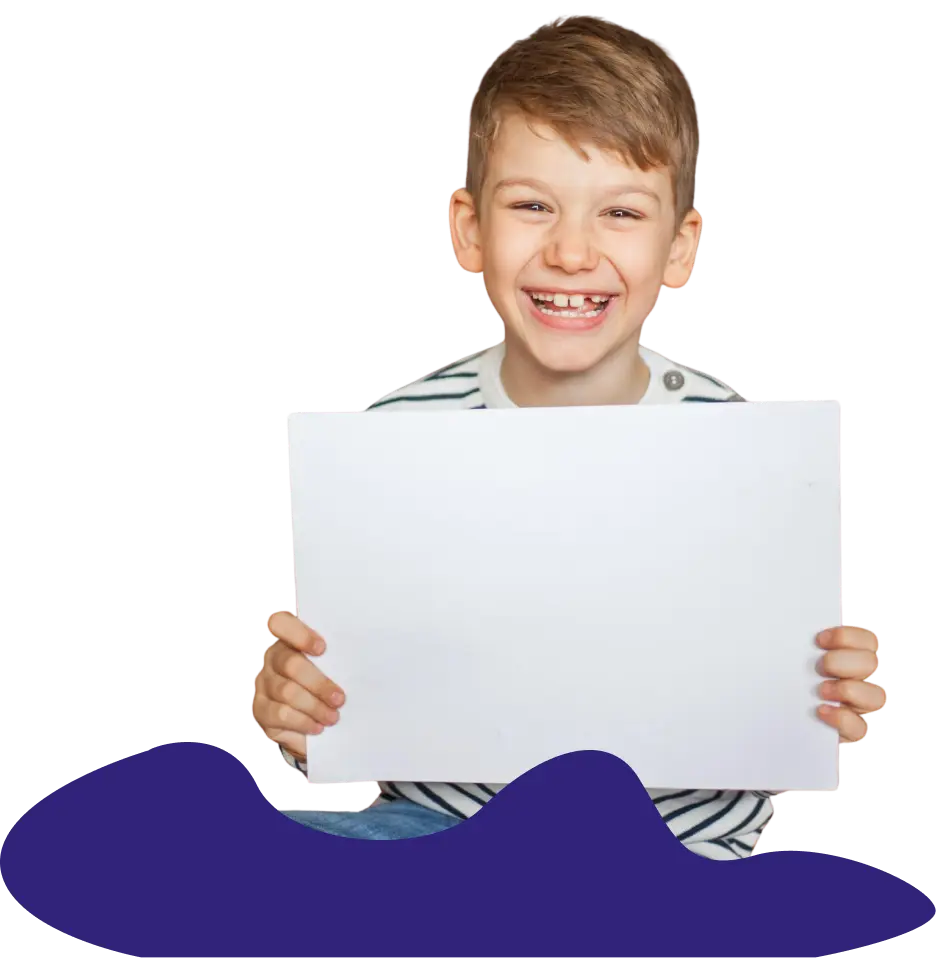 Smiling child holding an in-school ABA therapy partnership sign