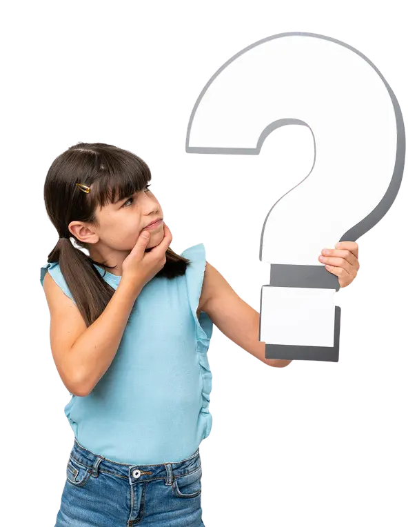 A girl holding a large question mark